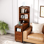 Solid Wood End Table with Charging Station and Reversible Corner Shelves, Tall Narrow Side Table with Drawers, USB Ports and Outlets for Living Room and Bedroom, Walnut