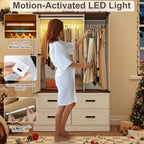 Farmhouse 3 Doors Armoire Wardrobe Closet w/Folding Sliding Barn Door and Lights, LED Armoire Closet w/Drawers for Bedroom, Freestanding Wooden Wardrobe Storage Closets w/Hanging Rod,Antique White