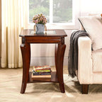 Square High End Side Table with Tempered Glass Top, Farmhouse Sofa Beside Table with Storage Shelf, Living Room Corner Tables with Wood Carved legs, 23.8”H Telephone Tabless, Cherry Brown CJZ-A1168-GT