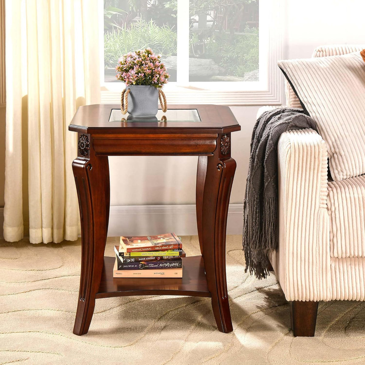Square High End Side Table with Tempered Glass Top, Farmhouse Sofa Beside Table with Storage Shelf, Living Room Corner Tables with Wood Carved legs, 23.8”H Telephone Tabless, Cherry Brown CJZ-A1168-GT