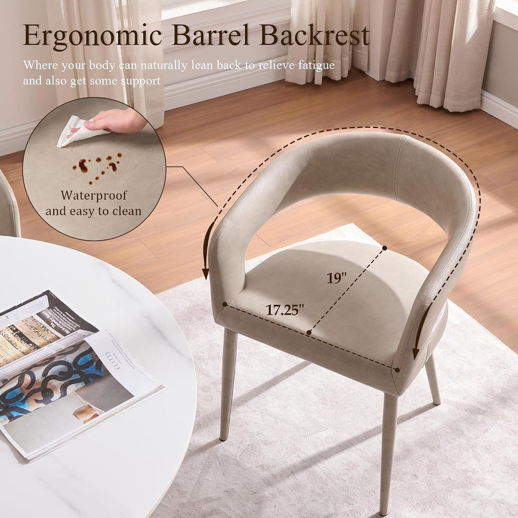 Modern Dining Chairs Set of 2, Kitchen Room Faux Leather Mid Century Chairs with Metal Frame and Hollow Back, Easy Clean Upholstered Barrel Dining Chair for Living Room, Restaurant, and Café, Greige
