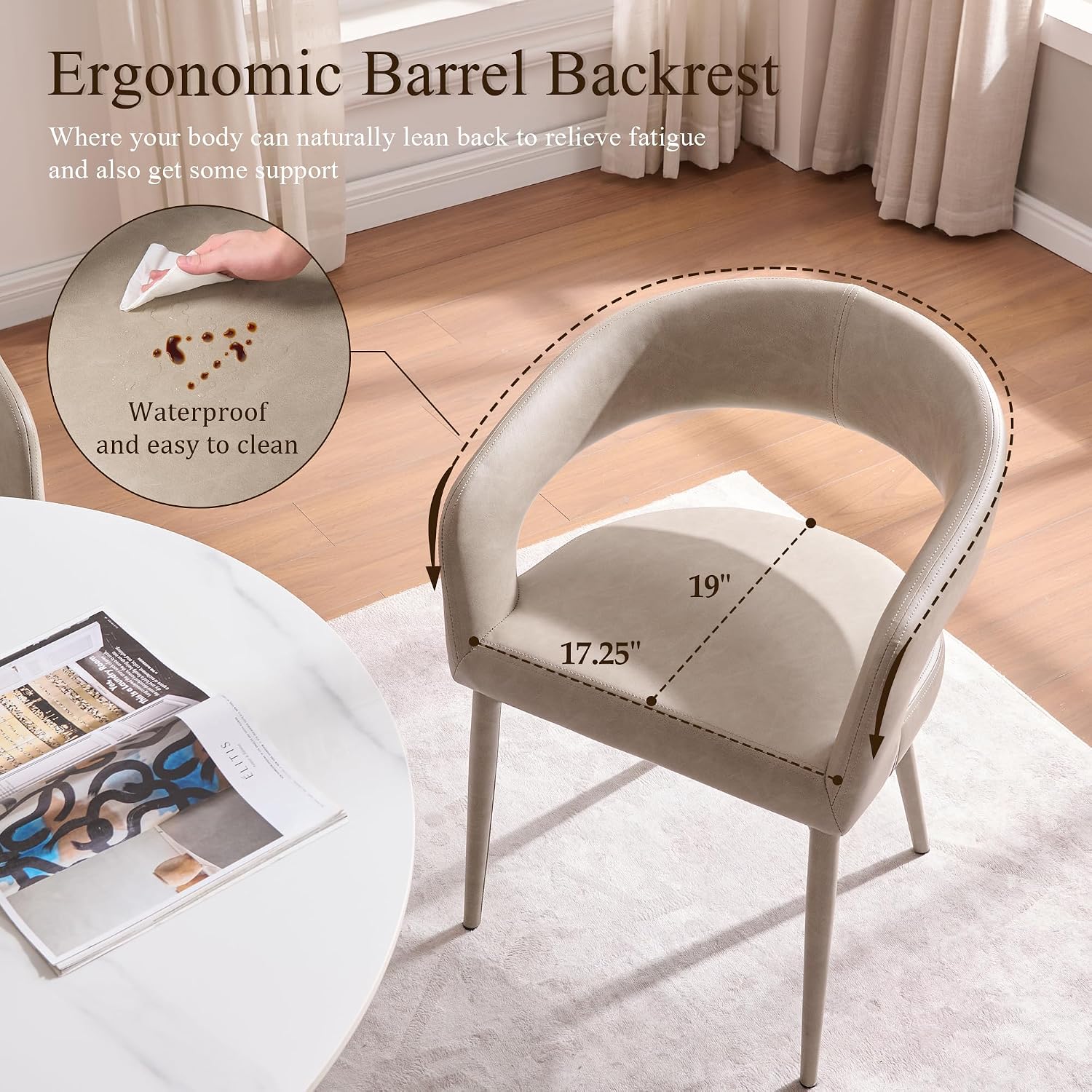 Modern Dining Chairs Set of 2, Kitchen Room Faux Leather Mid Century Chairs with Metal Frame and Hollow Back, Easy Clean Upholstered Barrel Dining Chair for Living Room, Restaurant, and Café, Greige