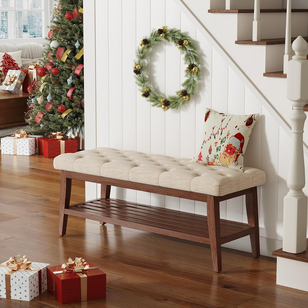 LEILISI Entryway Bench with Storage, Linen Upholstered Bench(Beige, 39.4'')