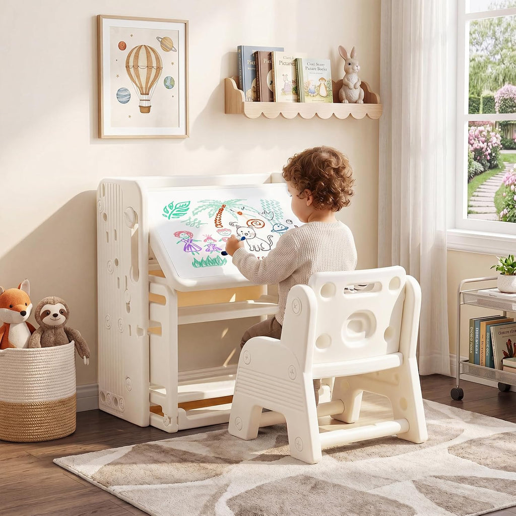 HONEY JOY Kids Table and Chair Set, Kids Art Table with Side Bookshelves | Toddler Activity Table with Erasable Whiteboard, Tiltable Desktop & Storage Baskets, for 3+ Years Old Boys & Girls