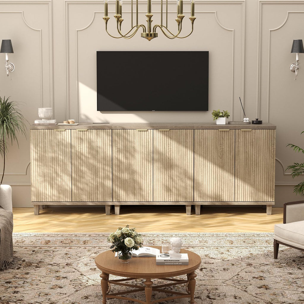 Fluted Buffet Cabinet with Storage, 3 in1 Storage Cabinet with Adjustable Shelves & Outlets, Wood Mid Century Modern Sideboard for Kitchen, Coffee Bar, Living Room
