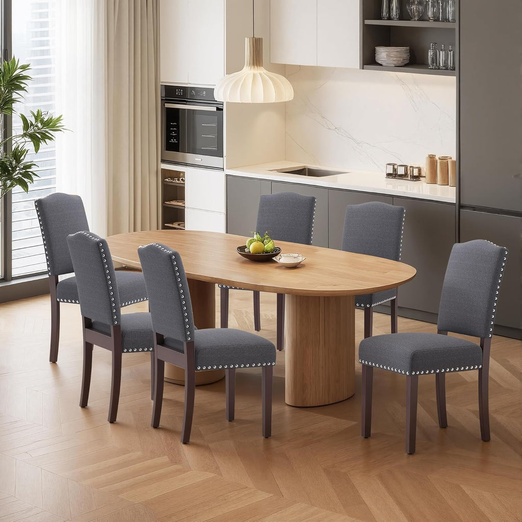 Upholstered Dining Chairs Set of 6 with Thickened Seat Cushion, Wooden Mid-Century Modern Fabric Farmhouse Kitchen Chairs for Dining Room Living/Restaurant/Reading Room