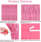 4 Pack Birthday Decorations, 3.28 FT x 7.05 FT Pink Backdrop, Metallic Happy Birthday Backdrop Fringe Curtains Party Streamer, Bachelorette Party Decorations Princes Birthday Party Decor