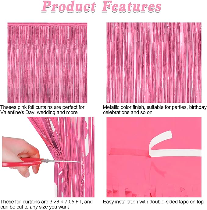 4 Pack Birthday Decorations, 3.28 FT x 7.05 FT Pink Backdrop, Metallic Happy Birthday Backdrop Fringe Curtains Party Streamer, Bachelorette Party Decorations Princes Birthday Party Decor