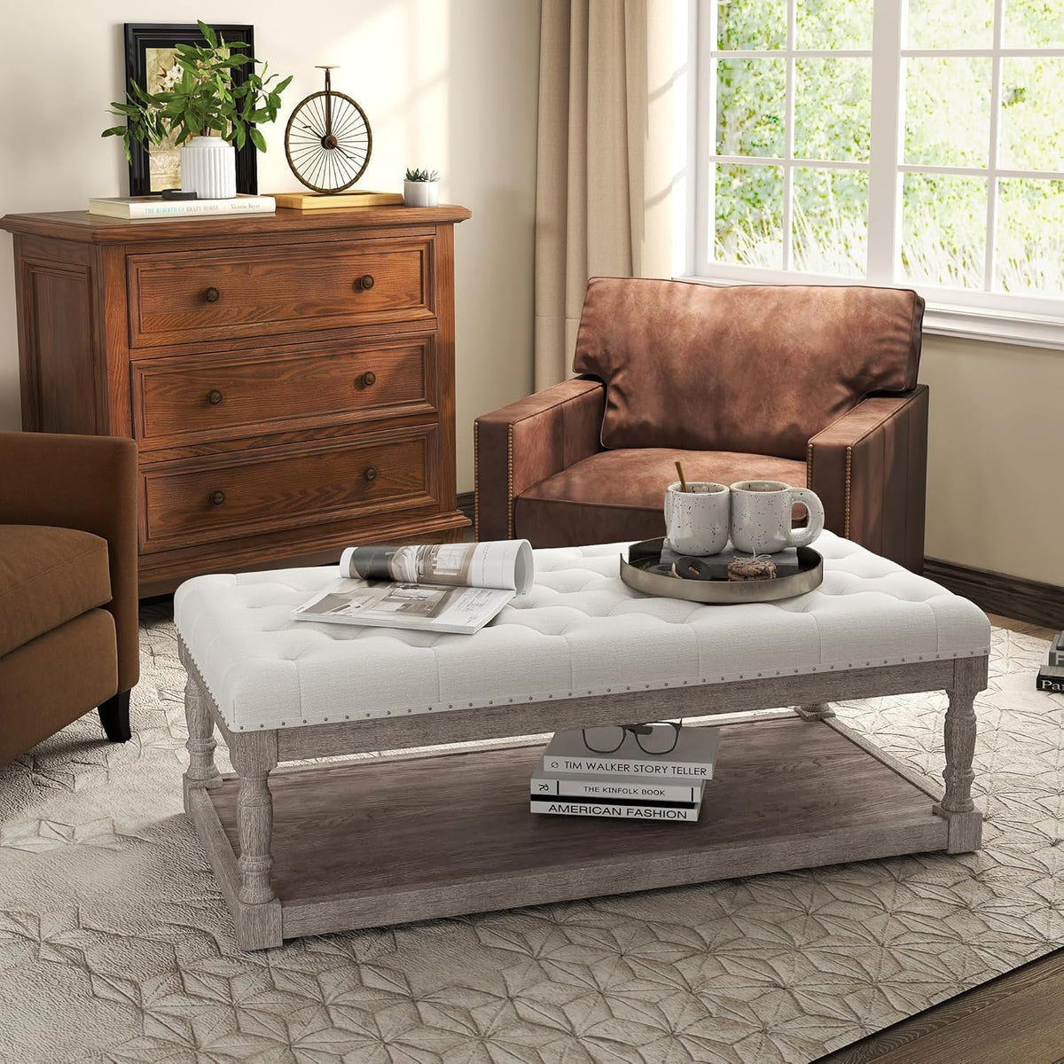Ottoman Coffee Table, Large Rectangle Ottoman with Storage - Upholstered Cushioned Bench for Living Room, Tufted Linen Fabric with Solid Wood Shelf, Entryway Bench (Beige)