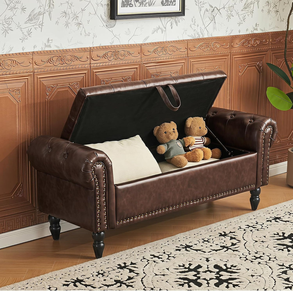 Furniliving 51” End of Bed Storage Bench, Bedroom Bench with Button-Tufted, Upholstered Storage Ottoman Benches Window Bench with Storage, Leather Bench for Living Room, Entryway, PU, BlackBrown