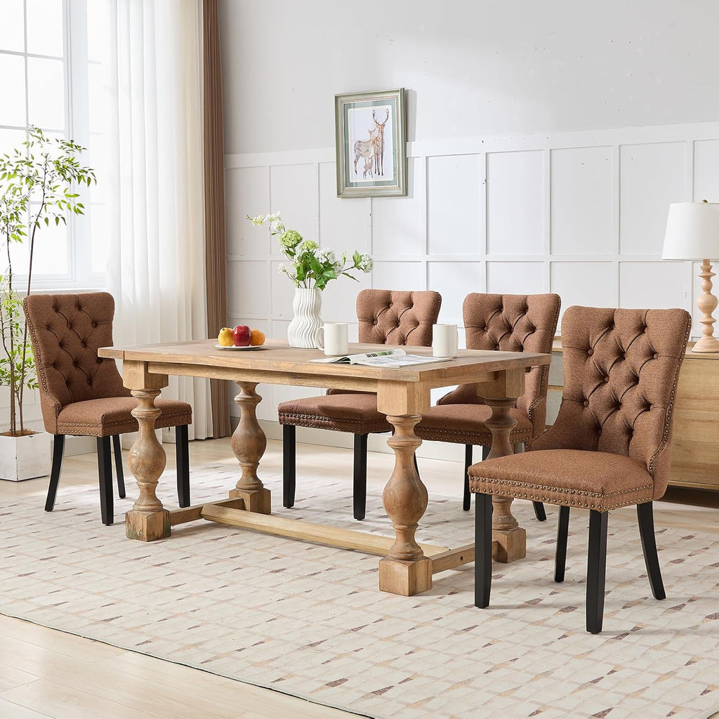 Espresso Brown Mid Century Modern Dining Chairs Set of 4, Linen Upholstered Kitchen & Dining Room Chairs with Nailhead Trim & Solid Wood Legs, Elegant Sillas De Comedor (Coffee, 4 Pcs)