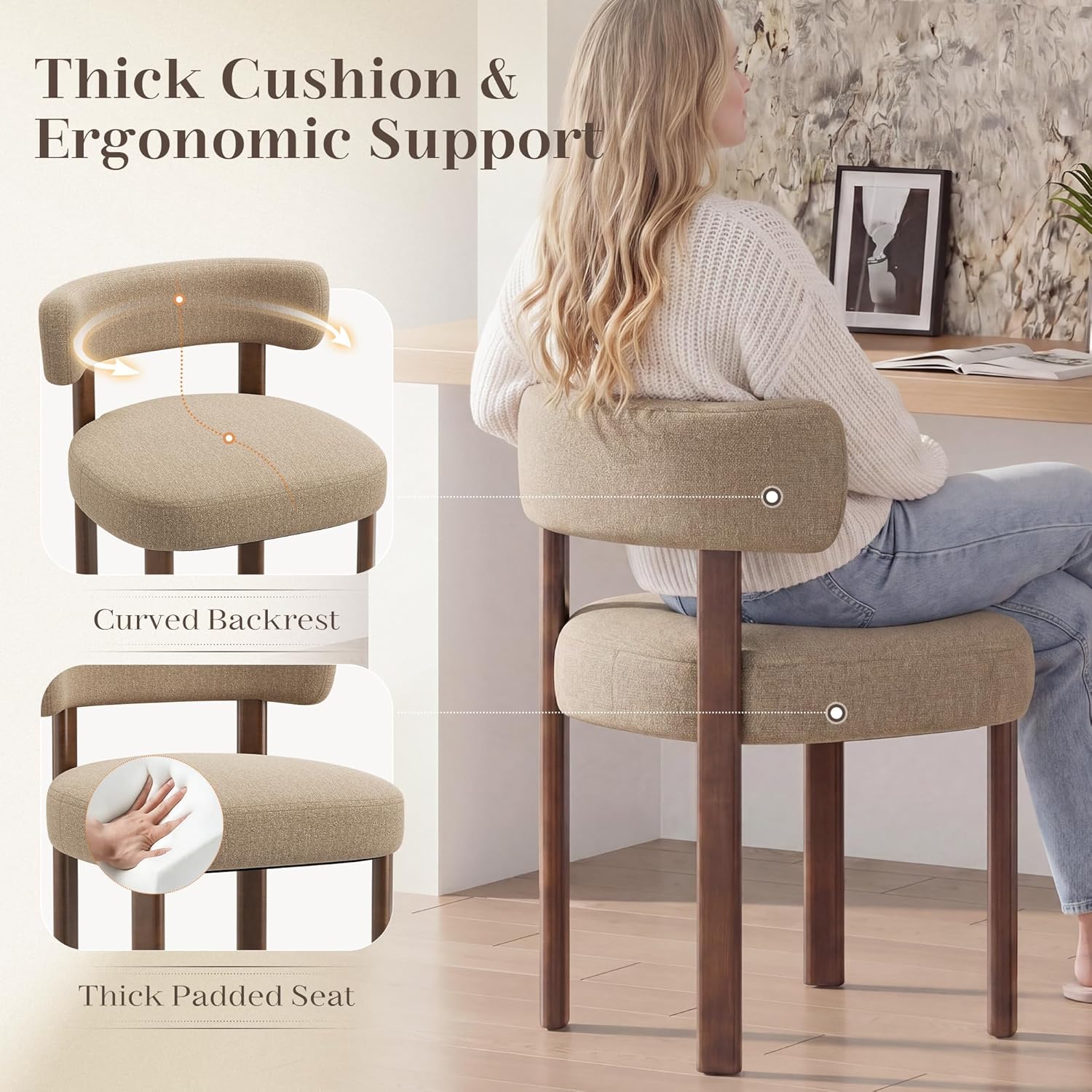 Wooden Dining Chairs Set of 6, Upholstered Kitchen Chairs with Solid Wood Legs, Mid Century Dining Room Chair with Ergonomic Curved Backrest for Kitchen Dining Vanity, Camel