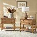 HULALA HOME Farmhouse Nightstand Set of 2 with Drawer & Open Shelf, Natural Wood End Table with Solid Wood Legs, 28.4'' Wide Sofa Side Table with Charging Station(Oak)
