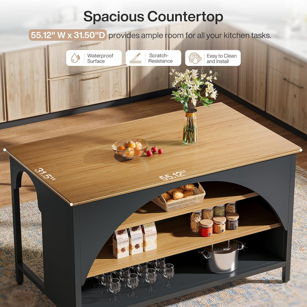 Tribesigns Kitchen Island with 3 Storage Shelves, 55" W Kitchen Shelf with Large Countertop and Seating Area, Modern Wooden Coffee Bar Table (Black)