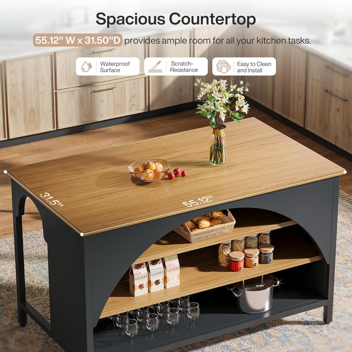 Tribesigns Kitchen Island with 3 Storage Shelves, 55" W Kitchen Shelf with Large Countertop and Seating Area, Modern Wooden Coffee Bar Table (Black)
