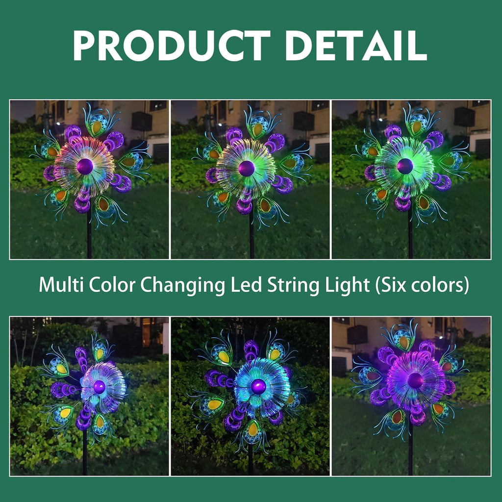 Solar Peacock Wind Spinners for Yard & Garden - 40 Inch Metal Wind Sculpture, Kinetic Windmill with Multi Color LED Lights, Lawn & Patio Art Decor