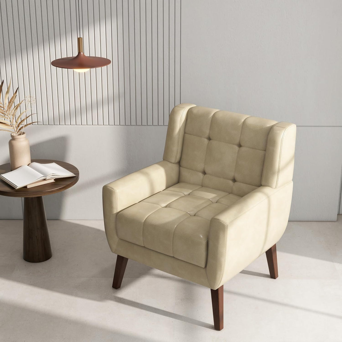 Accent Chair, Comfy Mid Century Modern Small Armchairs with Solid Wood Frame and Soft Cushion for Living Room, Bedroom (Faux Leather, Cream, Set of 2)