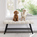 LUE BONA 45" Entryway Bench with Storage Shelf, End of Bed Bench with Tufted Linen Fabric Seat, Bedroom Bench with Metal Frame, 330 LBS Capacity for Entryway, Living Room, Hallway, Linen Color