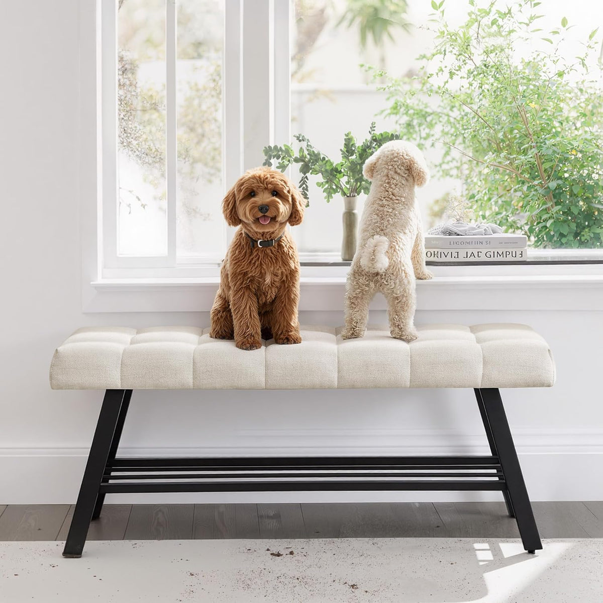 LUE BONA 45" Entryway Bench with Storage Shelf, End of Bed Bench with Tufted Linen Fabric Seat, Bedroom Bench with Metal Frame, 330 LBS Capacity for Entryway, Living Room, Hallway, Linen Color