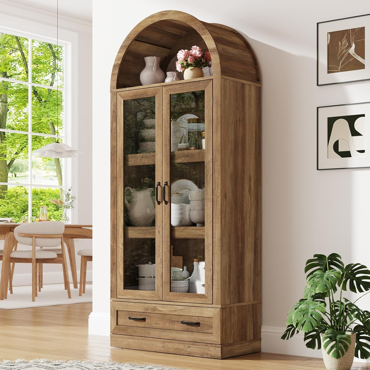 75" Tall Arched Kitchen Pantry Cabinet w Load-Bearing Steel Pipe,Modern Farmhouse Kitchens Storage Cabinet with Drawer and Glass Doors,Tall Arched Bookcase,Pantry Organizer for Living Room(Natural)