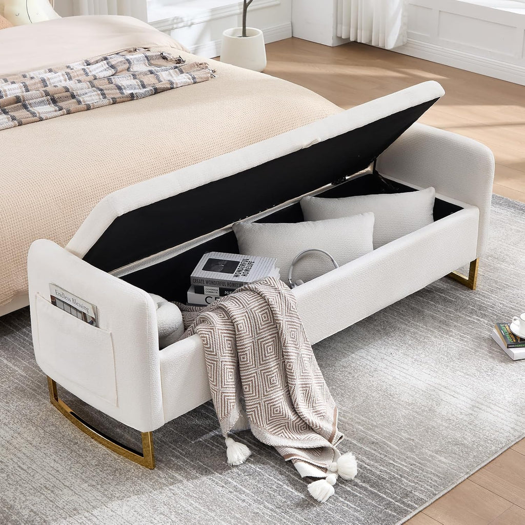 Storage Bench for Bedroom, 65 Inch End of Bed Storage Bench Cream | Chenille End of Bed Bench King Size Tufted Upholstered and Gold Legs, Bedroom Bench with Storage, Arms, 2 Pillows, for Window