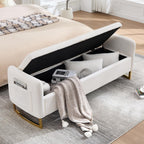 Storage Bench for Bedroom, 65 Inch End of Bed Storage Bench Cream | Chenille End of Bed Bench King Size Tufted Upholstered and Gold Legs, Bedroom Bench with Storage, Arms, 2 Pillows, for Window