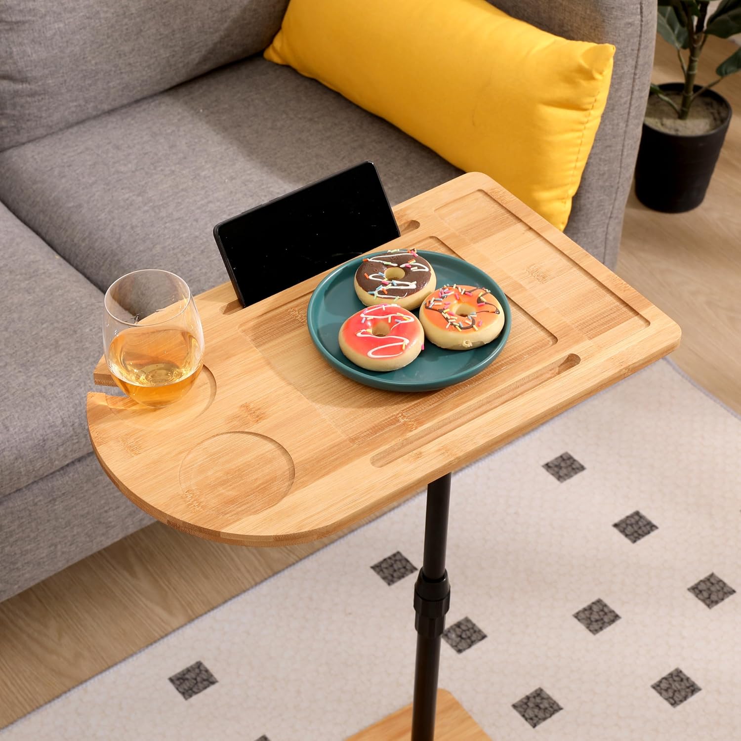 TV Tray Table C-Shaped Sofa Side Table with Slots, Adjustable Height & 360-degree Rotatabl, for Living Room Bedroom