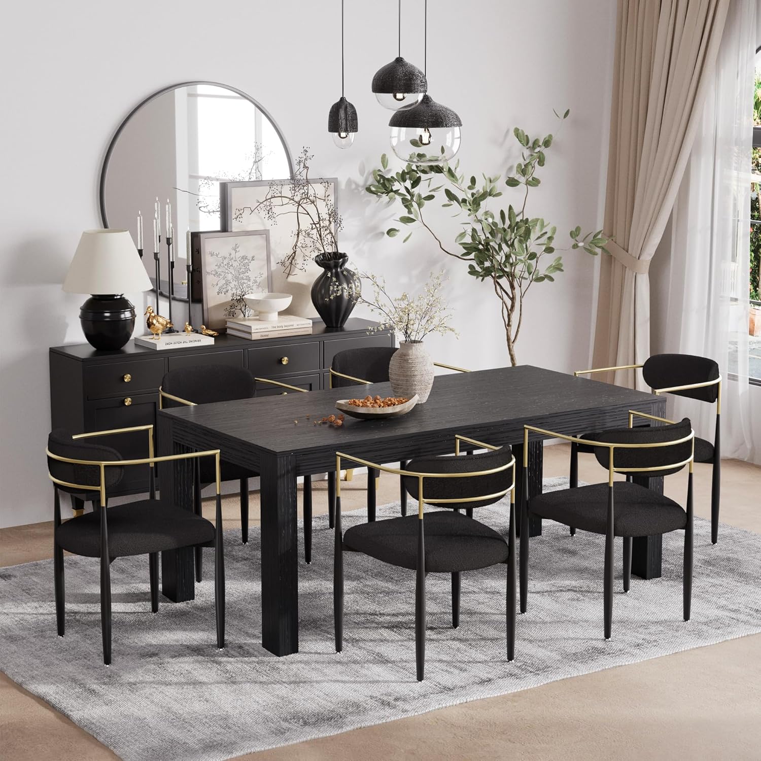 Baysitone Dining Chairs Set of 2 Mid-Century Modern Upholstered Boucle Dining Room Chairs Open Back Curved Backrest Black Metal Legs Gold Armchairs for Kitchen Living Room, Black(Only Chairs)