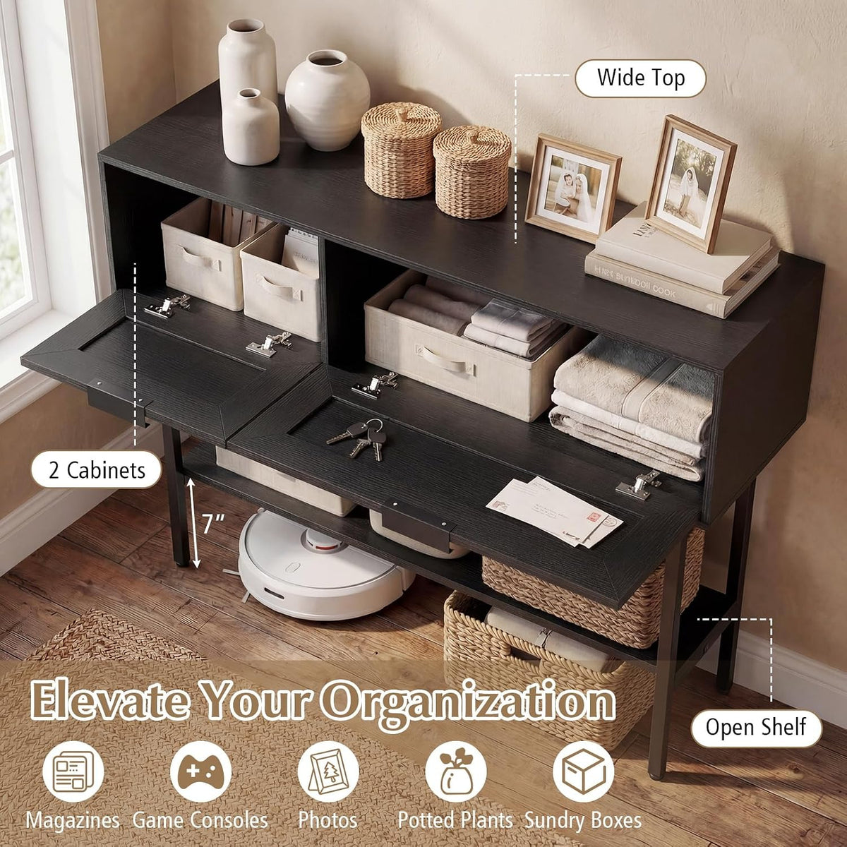Giantex Rattan Console Table with Storage, 40" Boho Entryway Table w/ 2 Flip Door Cabinets & Shelf, Metal Frame, 2 Anti-Tipping Kits, Narrow Long Behind Couch Sofa Table for Entrance Hallway, Black