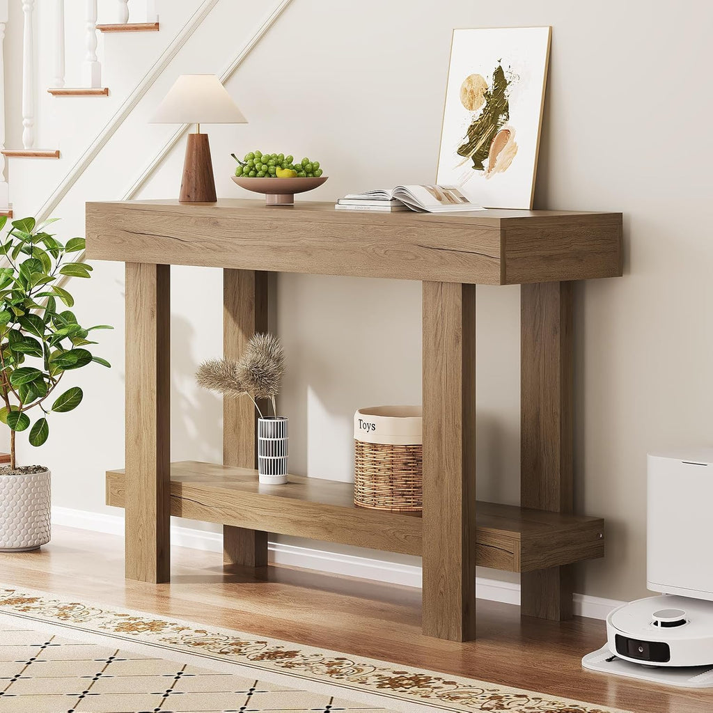 Console Table for Entryway, 47.2" Narrow Farmhouse Sofa Table with Thick Tabletop & Storage Shelf, 2-Tier Modern Wooden Entryway Industrial Table for Hallway, Living Room, Foyer, Behind Couch, Natural