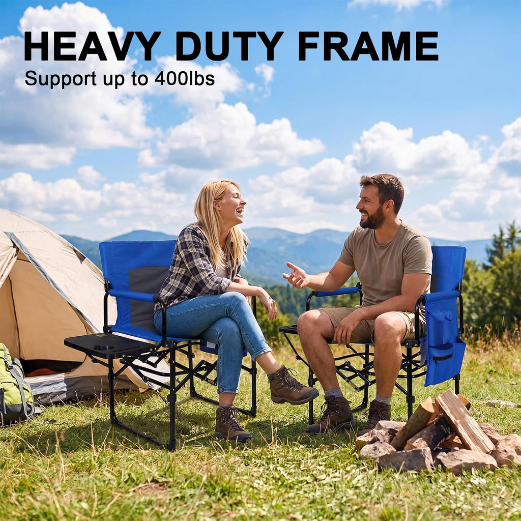 2 Pack Directors Chair with Side Table, Heavy Duty Folding Camping Chair for Adults, Portable Sports Chair with Cup Holder & Side Pocket, Compact Outdoor Chair Supports 400lbs, Blue