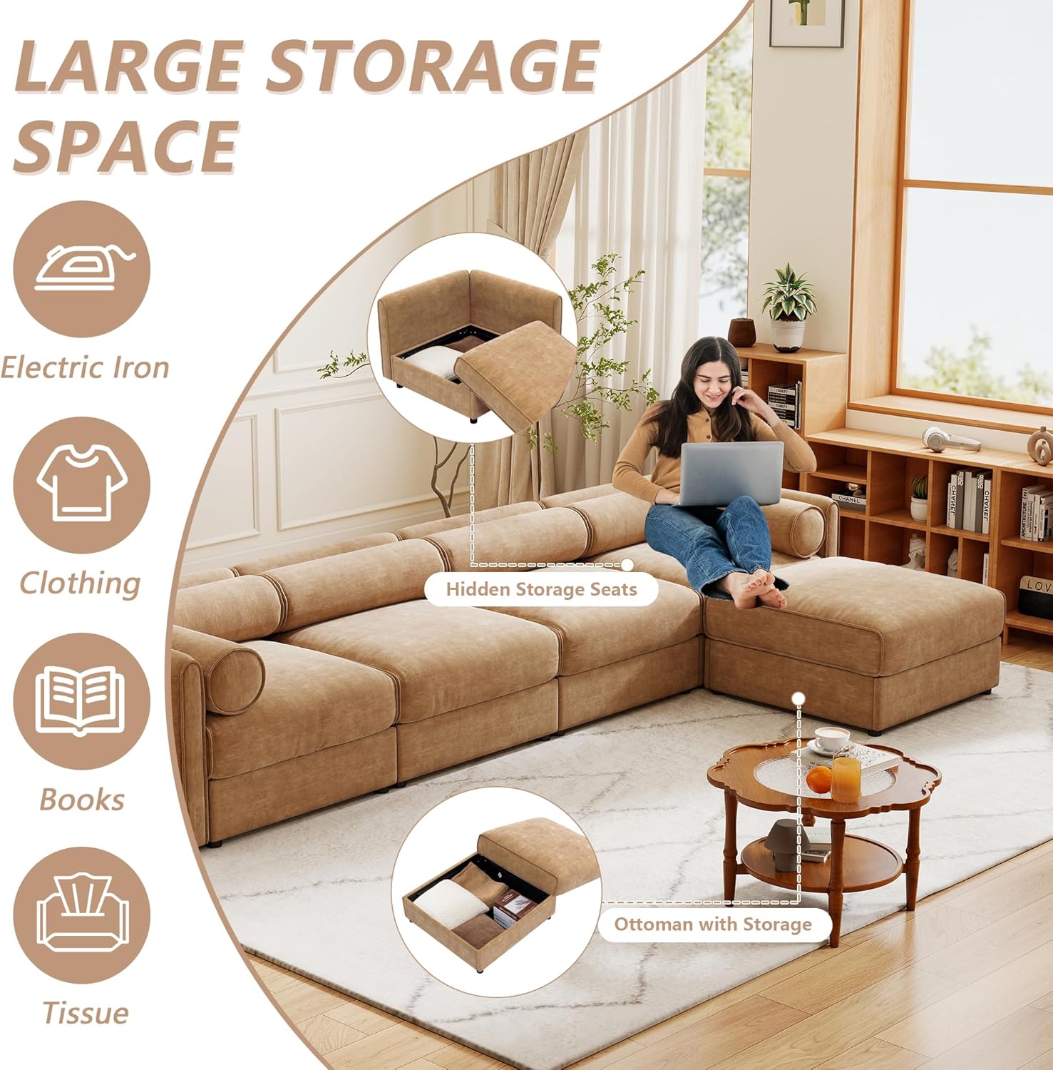Oversized Modular Sectional Sofa with Storage Seat, 75.5" Chenille Lovseat Sofa with Cylindrical Backrest & Armrest, Modern Comfy 2-Seat Sofa Upholstered Deep Seat Couch for Living Room, Camel