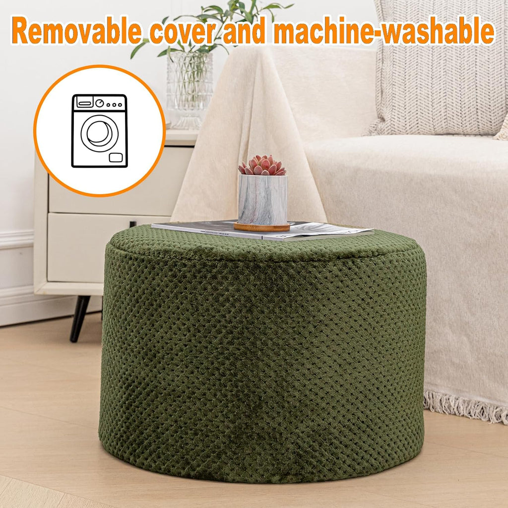 Poofieotto 20"x14" Round Foam Stuffed Pouf Ottoman - Modern Floor Foot Rest & Seating for Living Room, Bedroom, or Couch - Stylish Home Decor Accent (Deep Green)