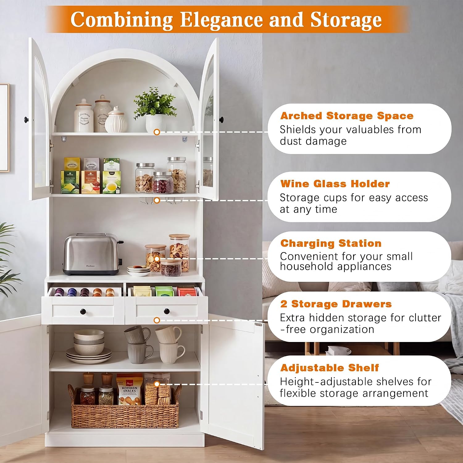 75" Farmhouse Tall Arched Pantry Cabinet with Charging Station & Bar, White | Adjustable Shelves, Open Countertop for Coffee Bar, empered Glass Door, Barn Door Lower Cabinet, Smooth-Glide Drawer