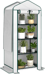 Outsunny 4 Tier Mini Greenhouse with Screen Roof, 27.6" x 19.7" x 62.2", Portable Small Greenhouse with High Strength PE Cover, Roll-Up Zipper Door for Garden Yard Backyard, White