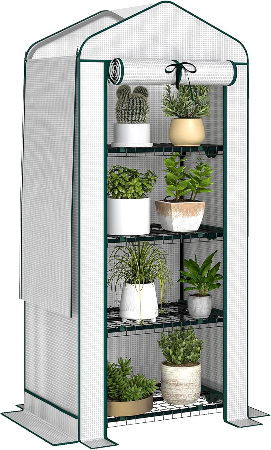Outsunny 4 Tier Mini Greenhouse with Screen Roof, 27.6" x 19.7" x 62.2", Portable Small Greenhouse with High Strength PE Cover, Roll-Up Zipper Door for Garden Yard Backyard, White