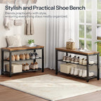 HOOBRO Shoe Storage Bench, 29.5" L Entryway Bench Organizer, 3-Tier Shoe Rack for Closet, Shoe Shelf with Wooden Top Seat, Loads 300 lb, Space-Saving, Rustic Brown and Black BF76HX01