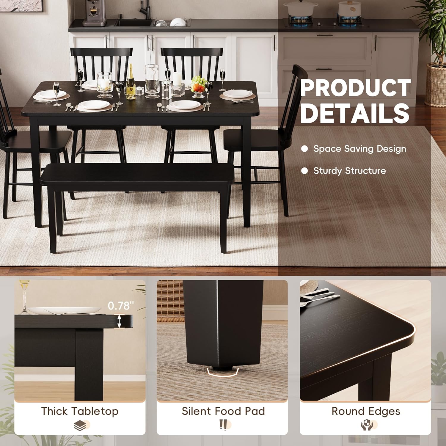 JUMMICO Solid Wood 6 Piece Dining Table Set, Modern 58"/W Kitchen Table Set for 6 with 4 Windsor Chairs & 1 Bench, Kitchen & Dining Room Sets for Kitchen, Restaurant (Black)