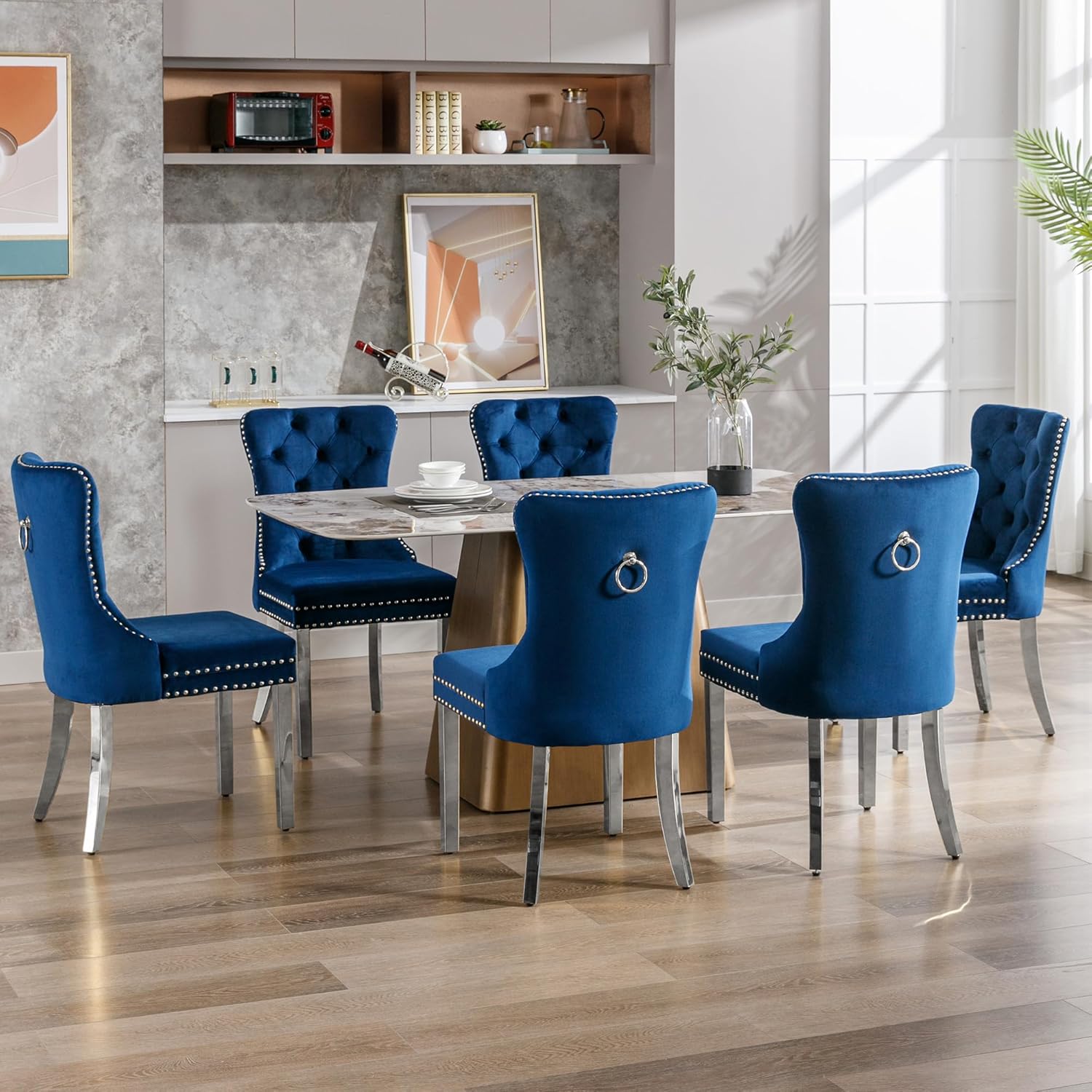 Dining Room Chairs Set of 4, Tufted Velvet Chairs with Modern Stainless Steel Legs, Rivet Trim Metal Pull Ring Large Back for Kitchen Dining Room Restaurant, Blue