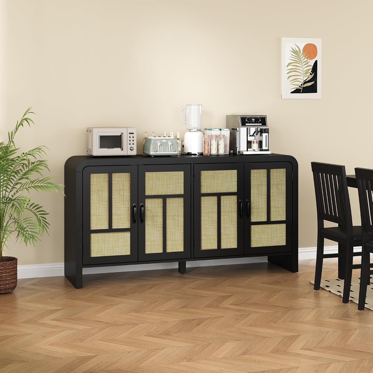 RoyalCraft Buffet Cabinet with Storage Sideboard Accent Farmhouse Credenza with 4 Doors & Shelves Rattan 59" Media Console Boho Coffee Bar Table for Living Room Kitchen Dining Room Hallway