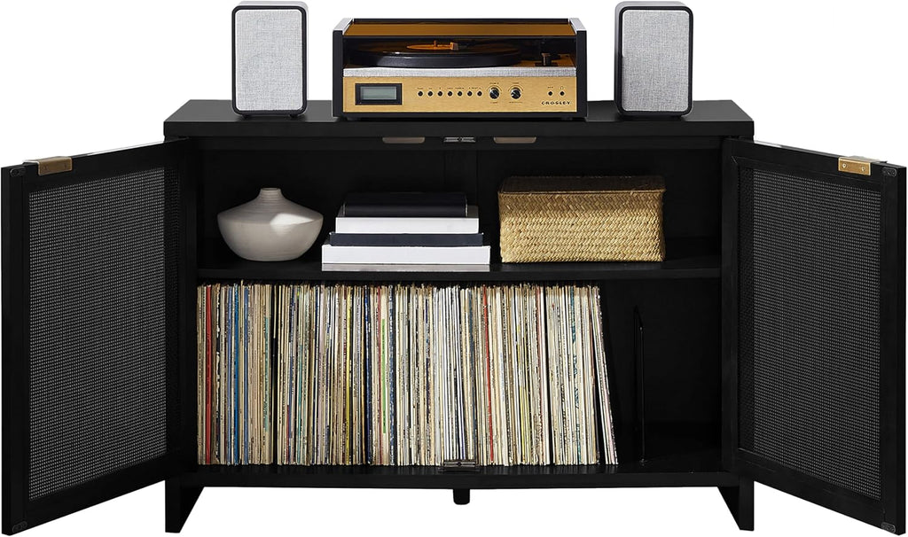 Crosley Furniture Kenji Media Console, Record Player Stand with Vinyl Storage, Modern Home Organizer, Black