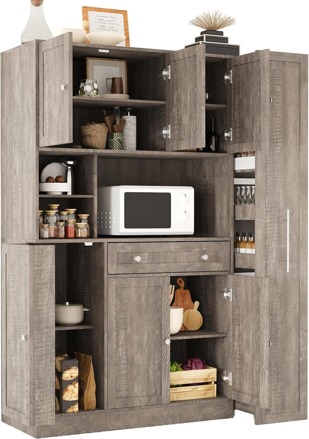 roomfitters Large Kitchen Pantry Cabinet with Pull-Out Side Storage and Hutch, Shaker Style Buffet, Brown
