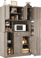 roomfitters Large Kitchen Pantry Cabinet with Pull-Out Side Storage and Hutch, Shaker Style Buffet, Brown