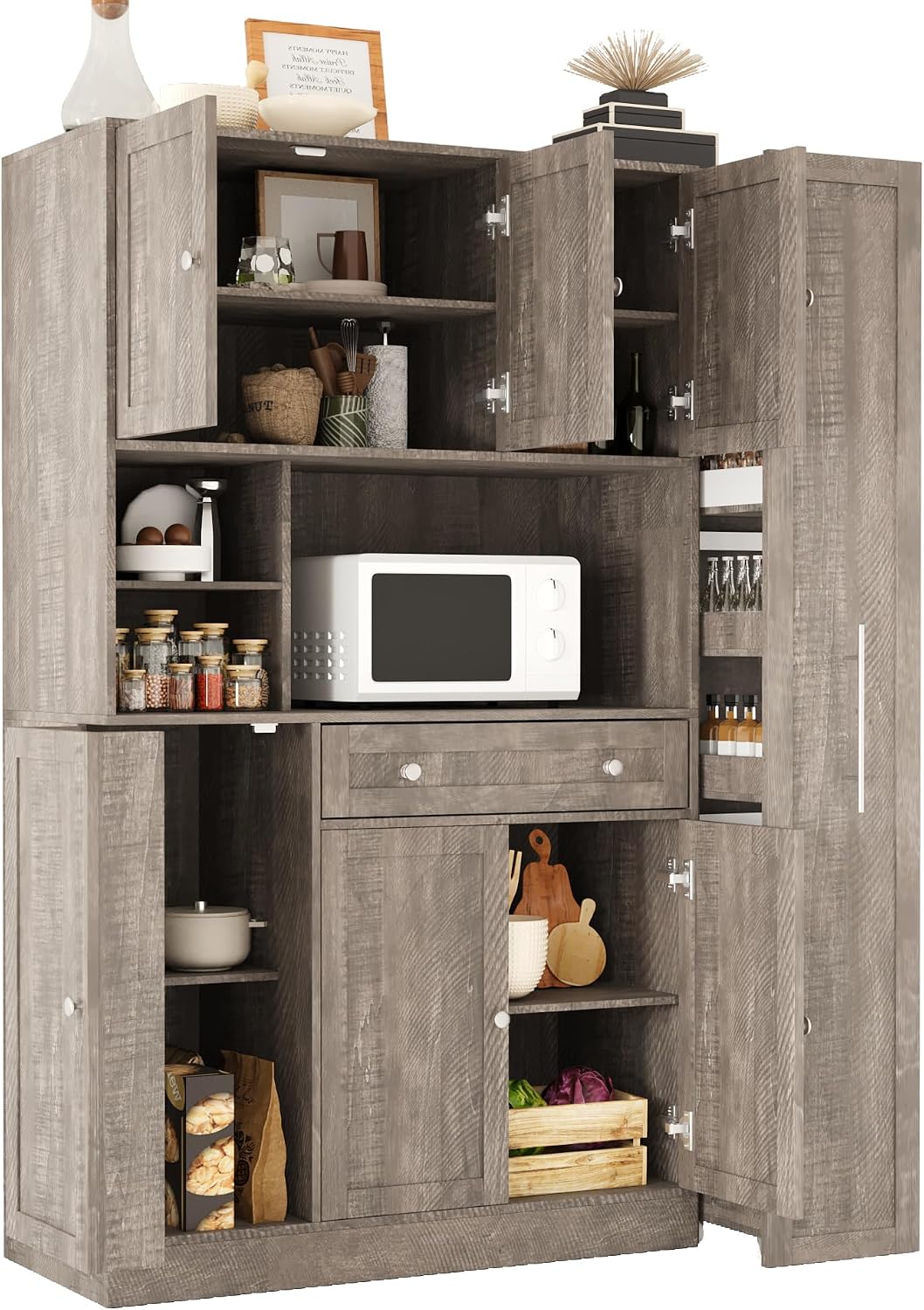 roomfitters Large Kitchen Pantry Cabinet with Pull-Out Side Storage and Hutch, Shaker Style Buffet, Brown
