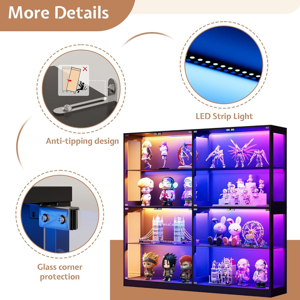 Jocisland 45x16 Inch Display Cabinet with Glass Doors and RGB Lights, 4-Tier Storage Display Case for Collectibles, Adjustable Shelves, MDF and Tempered Glass, Black
