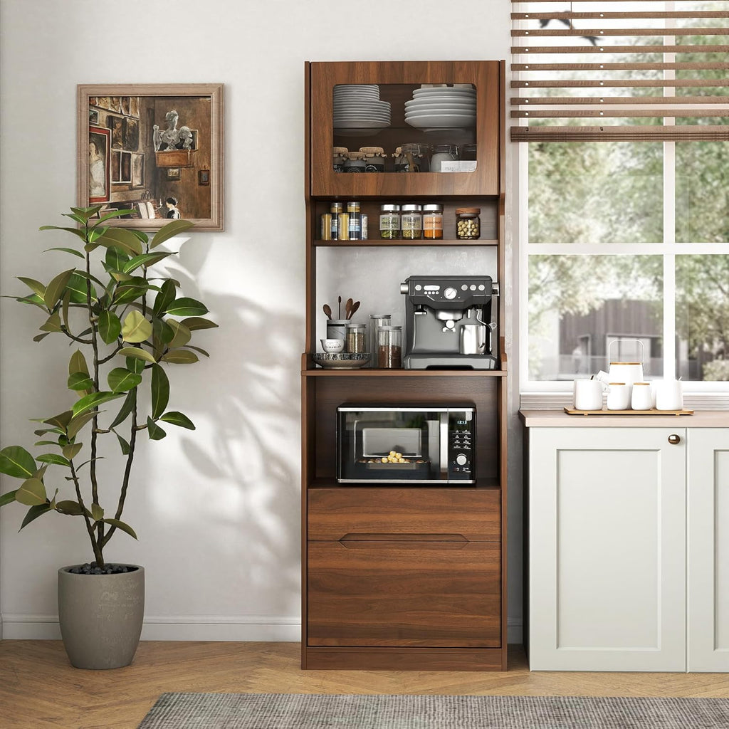 Kitchen Pantry Hutch Cabinet, Farmhouse Kitchen Hutch Buffet Cabinet with 2 Drawers and Shelves, Sideboard Buffet Cabinet with Microwave Stand for Dining Room, Kitchen