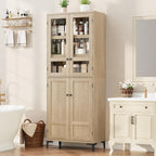 GarveeHome 71 in Tall Storage Cabinet, Kitchen Pantry Cabinet 5 Tier Bathroom Cabinet with 4 Doors Adjustable Shelves for Kitchen, Dining Room, Bathroom (Pear Wood, Glass with 4 Doors)