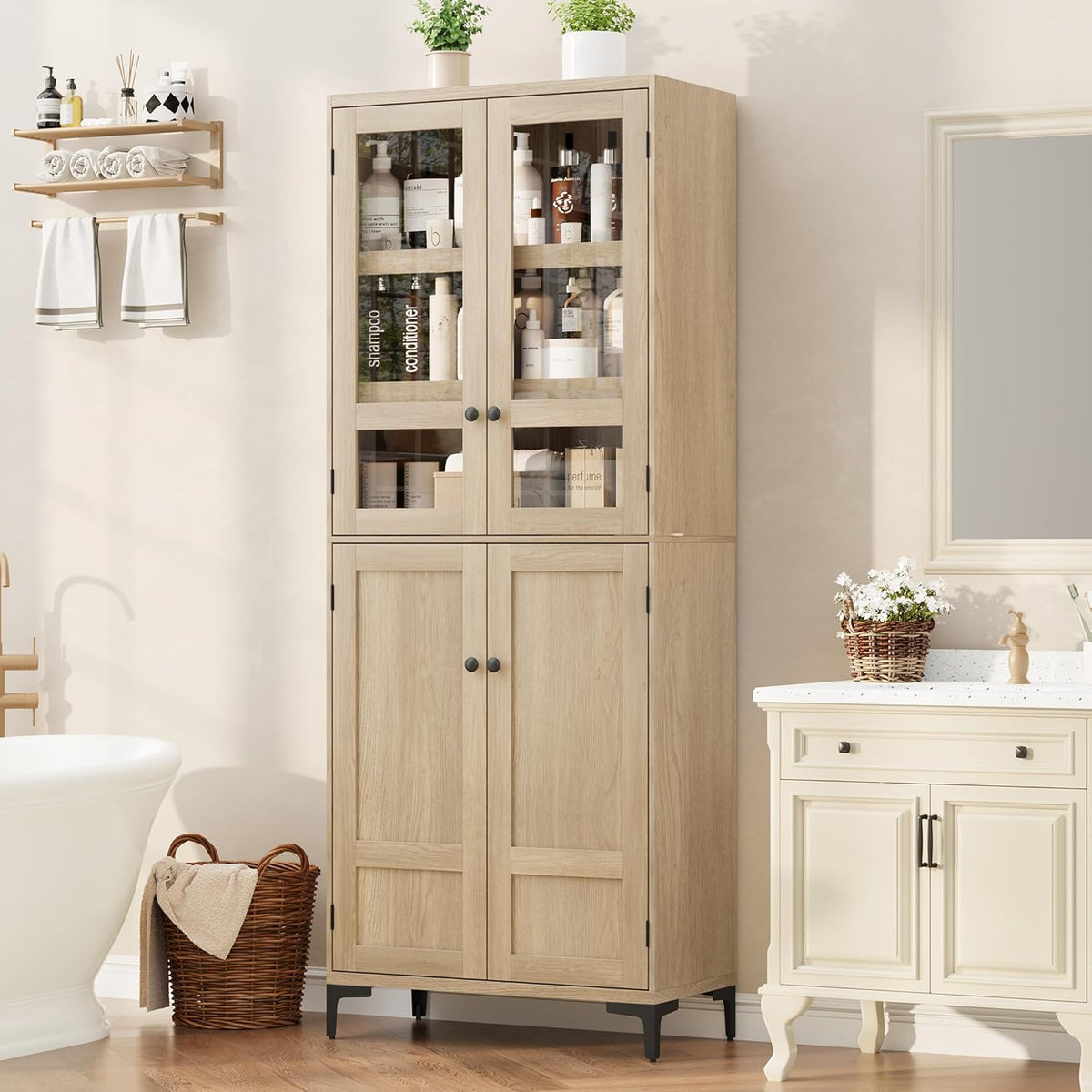 GarveeHome 71 in Tall Storage Cabinet, Kitchen Pantry Cabinet 5 Tier Bathroom Cabinet with 4 Doors Adjustable Shelves for Kitchen, Dining Room, Bathroom (Pear Wood, Glass with 4 Doors)