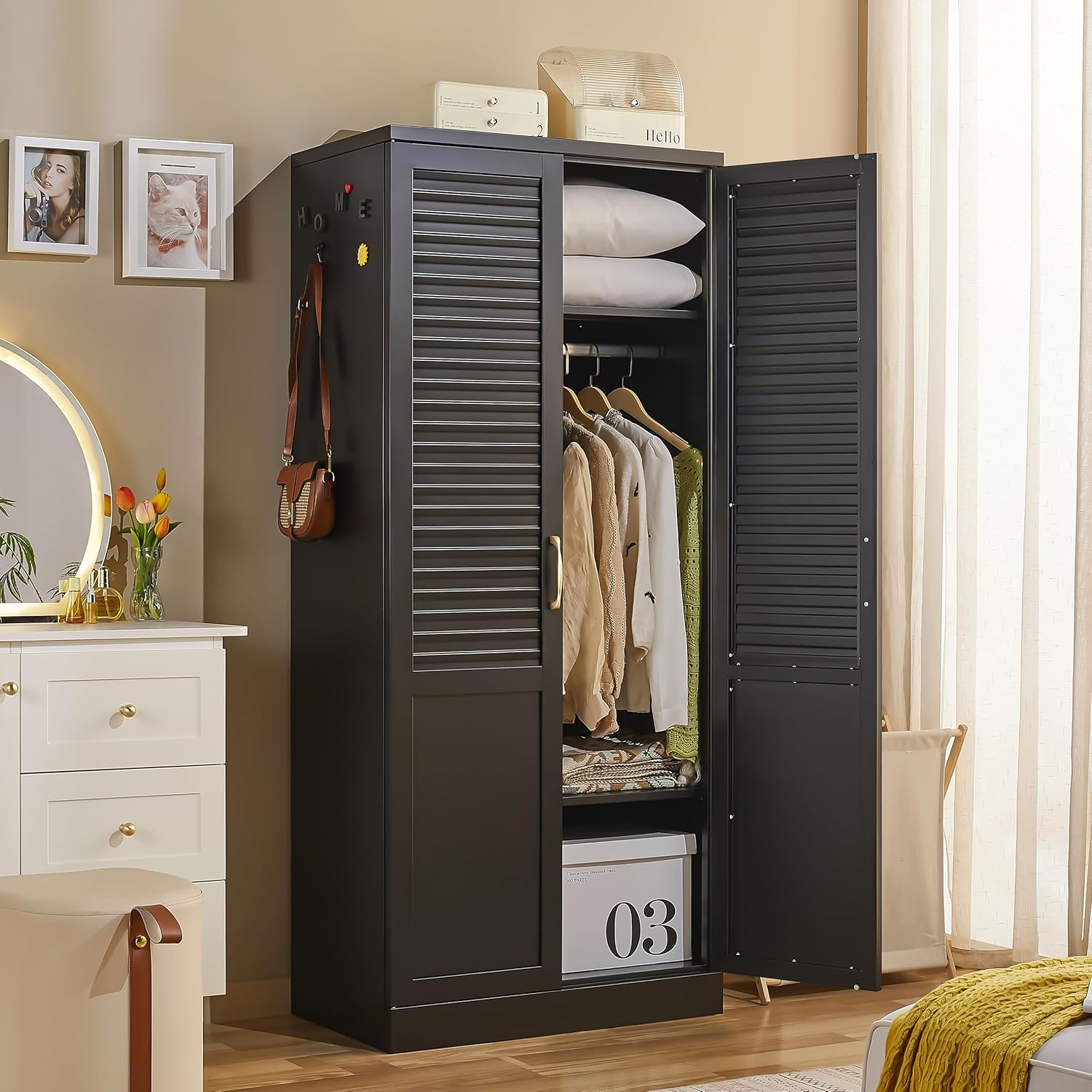 71" Tall Metal Wardrobe Closet with Hanging Rod, Adjustable Shelves | Extra Closet Space,Organized Clothing Storage,Louvered Doors