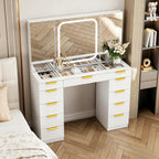 Pamapic Glass Top Vanity Desk with Foldable Mirror, 11 Drawers Makeup Vanity with LED Lighted Mirror, Power Outlet, 3 Lighting Modes Dressing Table with Golden Handles, White